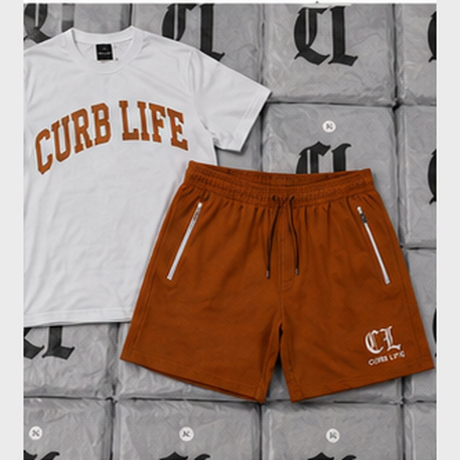 Curb Life White / White with Orange logo Tee & shorts set
