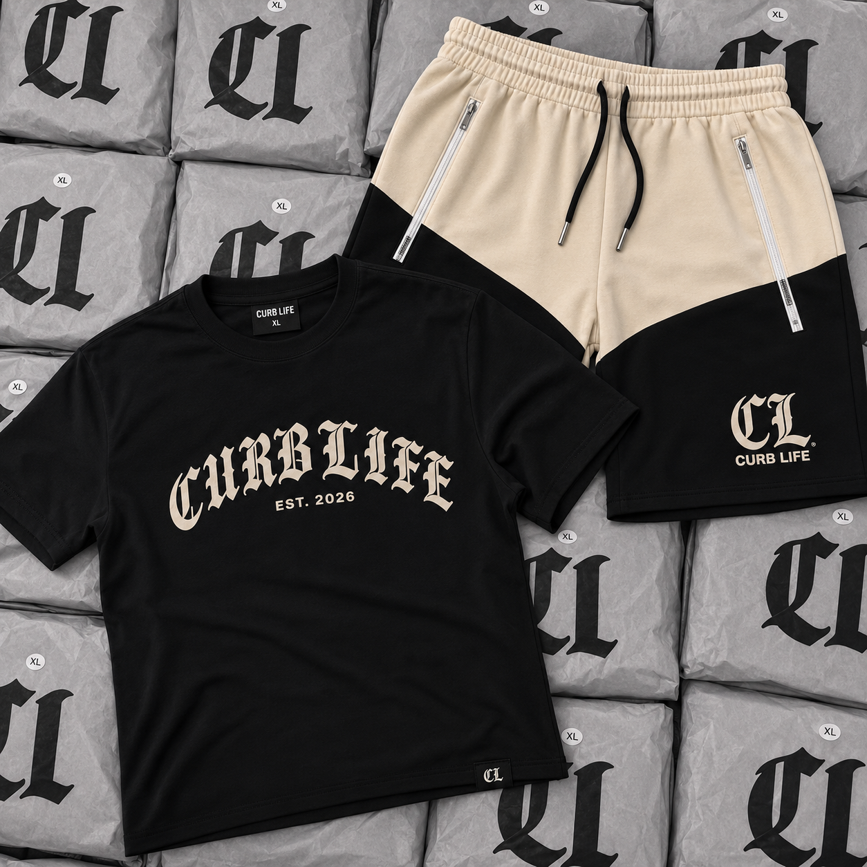 Curb Life Cream / Black tee & Shorts set